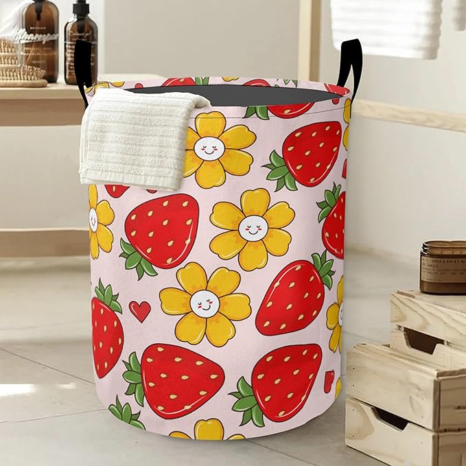 Groovy Strawberry Laundry Basket-Large Foldable Hamper Holder Portable Tall Collapsible Laundry Hamper Storage Basket Bin with Handles, Canvas & Waterproof lining for Household Items