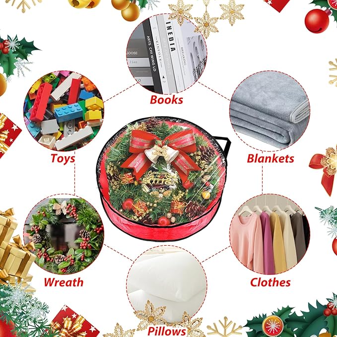 6 Pack Wreath Storage Container, 30" Wreath Storage Bag, Plastic Bag Storage Comforter Storage Bag with Sturdy Handles for Holiday Seasonal Wreath, Red