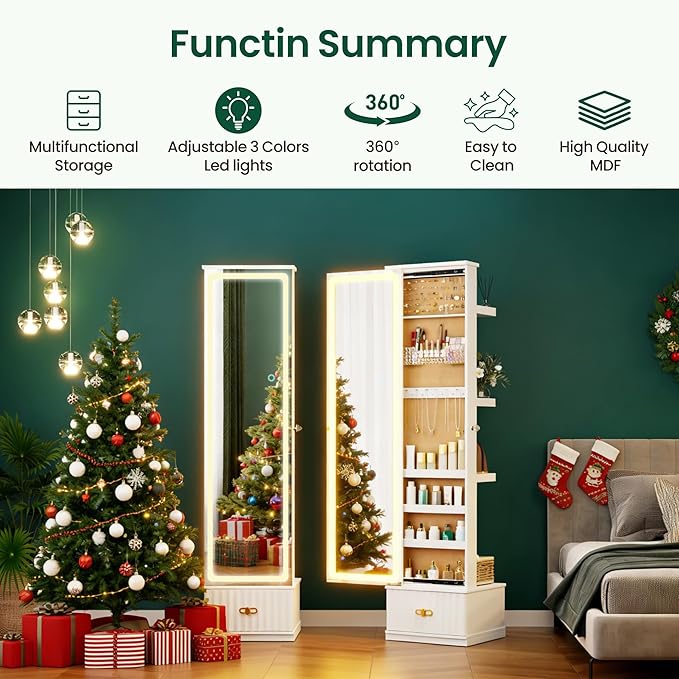 HNEBC LED Jewelry Cabinet Standing, Full Length Mirror with Storage/3 Color Adjustable LIghts, Jewelry Armoire has 3 Photo Frames/4 Shelfs/1 Drawer,Space-Saving Organizer,Christmas Gifts for Women