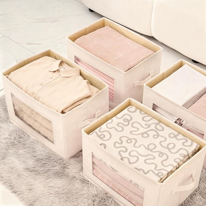 3-Pack Storage Bins with Lids, Fabric Foldable Storage Bins with Soft Cord Handles, Canvas Storage Bin with Lid for Organizing Clothes, Blankets and Books, Beige