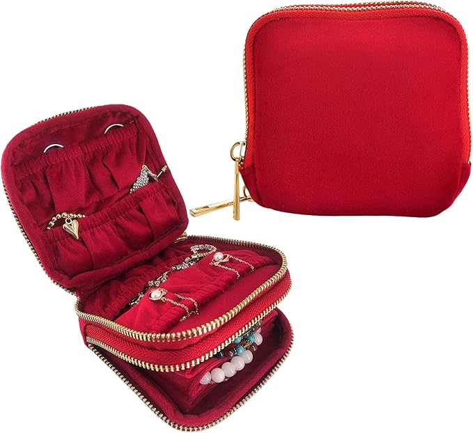 Travel Jewelry Organizer Case, Lisse Velvet 2-Layer Pouch, 11-Pocket for Necklaces, Bracelets, Earrings & Rings, Anti-Tangle Scratch-Resistant Small Jewelry Bag, Elegant Gift (Cherry Red)