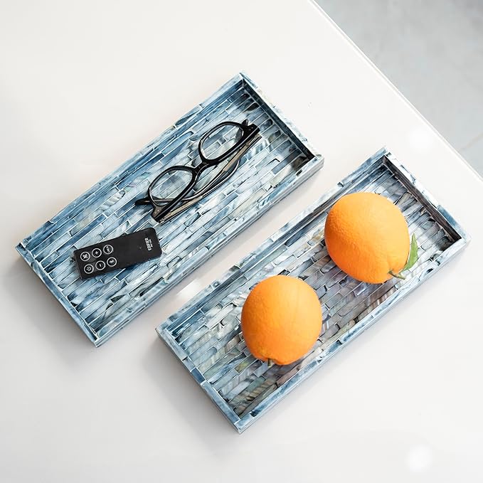 PEMAR Blue Mother of Pearl Tray Set of 2 – Handcrafted Decorative Vanity & Countertop Organizer for Bathroom, Entryway, Coffee Table – Elegant Home Decor Accent, 11.8" Lx5.1 Wx1 H