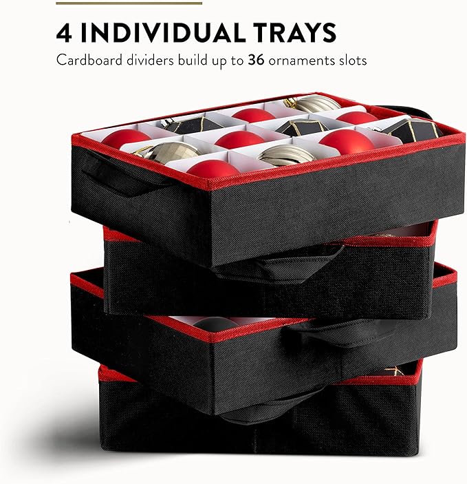 ZOBER Christmas Ornament Storage Box - Stores 36 4" Large Ornaments with Individual Trays - Tear Proof 600D Oxford Fabric - Ornament Organizer Storage Box, Durable Christmas Containers Holder -Black