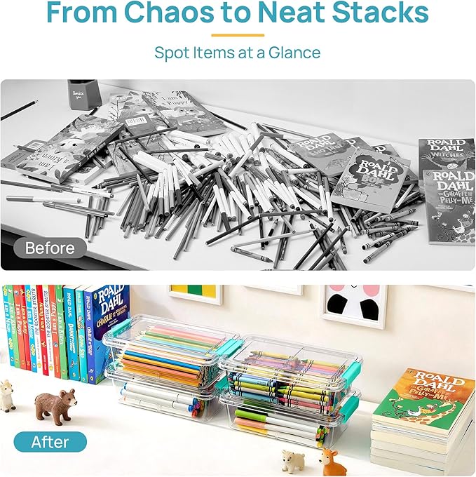 Vtopmart 12 Pack Clear Pencil Box, Plastic Pencil Holder with Removable Divider for Pen Organizer, Stackable Containers with Lid for Pen, Art Craft, Sticker, Scrapbook & Office Supplies