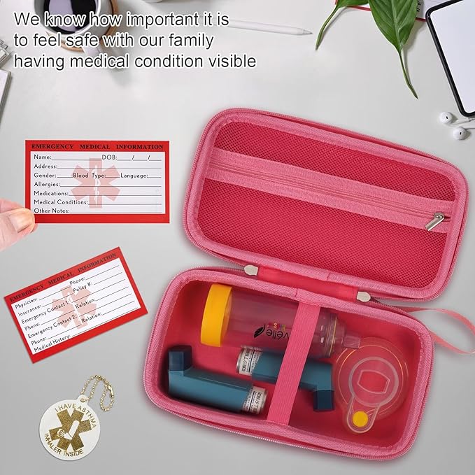 MGZNMTY Travel Carrying Case Compatible with Asthma Inhaler Spacer for Adults and Children, Masks, Inhaler Holder with Asthma Alert Tag and Medical Card, Carabiner (Only Case) (Pink)