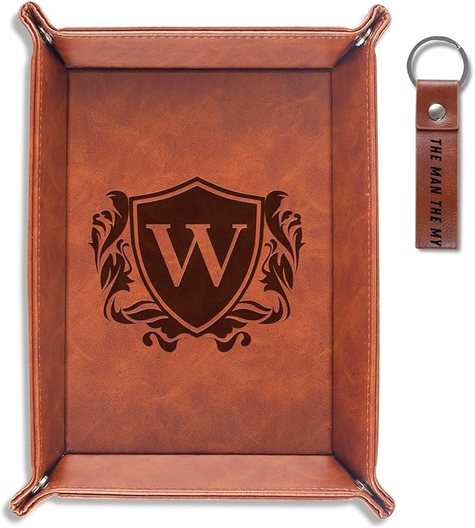 INNObeta Initial Valet Tray, Desktop Storage Organizer, PU Leather Bedside Tray Key Coin Holder, Personalised Gifts for Men, Birthday, Christmas, Letter W