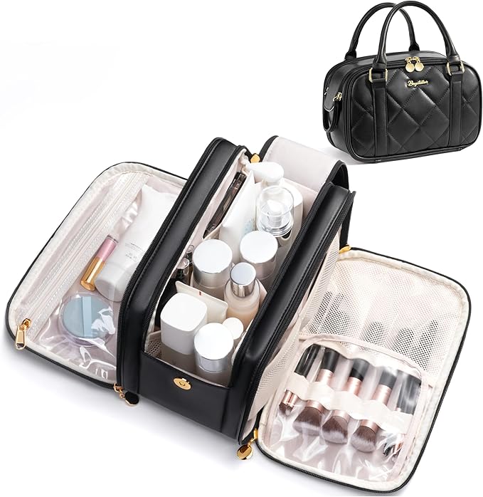 Travel Makeup Bag, Large Capacity Quilted Toiletry Bag for Women Stand-up Cosmetic Bag Open Flat Make Up Case Organizer Portable Pouch Purse w/Handle for Traveling Accessories, Black