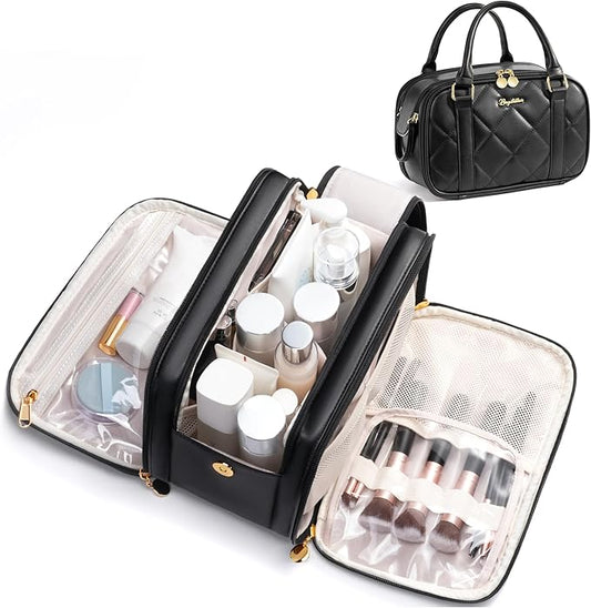Travel Makeup Bag, Large Capacity Quilted Toiletry Bag for Women Stand-up Cosmetic Bag Open Flat Make Up Case Organizer Portable Pouch Purse w/Handle for Traveling Accessories, Black