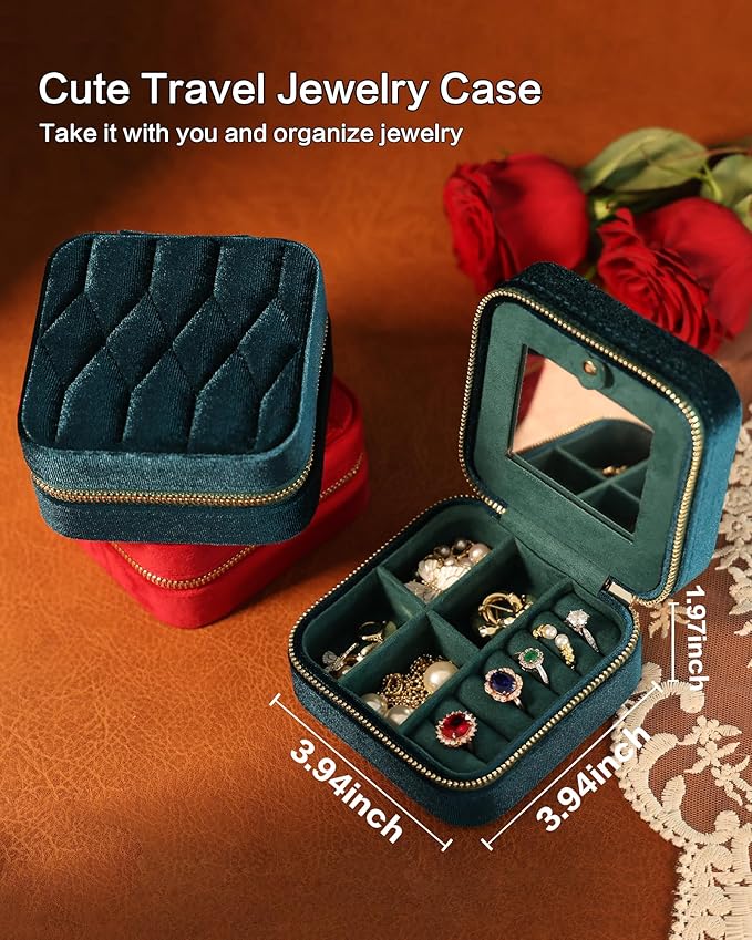 Velvet Jewelry Box – Travel Jewelry Case Organizer with Mirror, Adjustable Compartments for Women | Luxury Storage Case & Gift for Her - Caramel