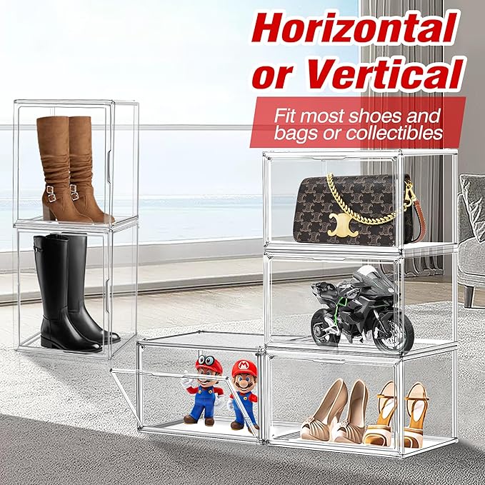 3 Pack Extra XXX-Large Purse Handbag Organizer for Closet 17.7''x13''x13'' Boots Storage Box Clear Acrylic Display Case with Magnetic Lid Dustproof Showcase for Collectibles, Handbag, Helmet, Clothes