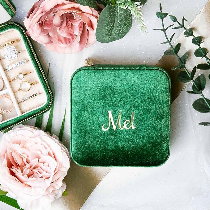 Customizable Compact Velvet Jewelry Box with Mirror, Travel Jewelry Case, Travel Jewelry Organizer, Jewelry Box for Women and Girls, Small Jewelry Organizer (Center Text, Emerald Green)