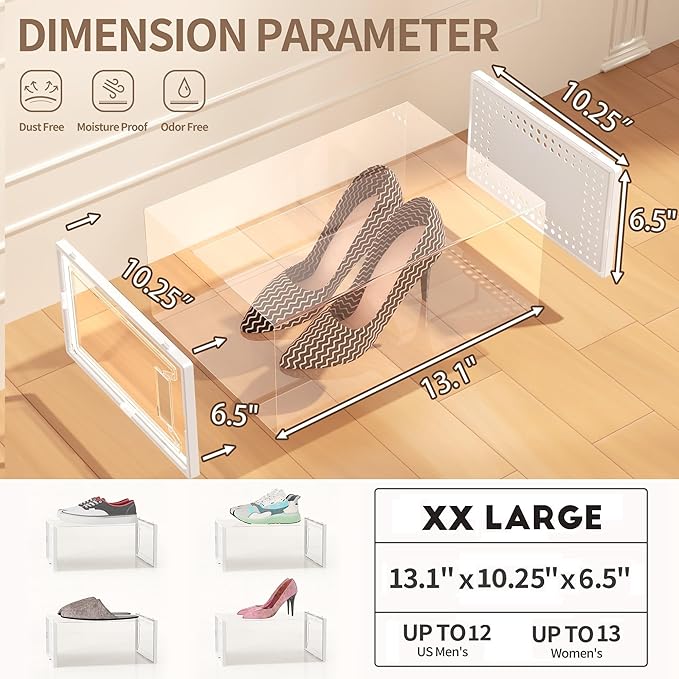 Secret Space 12 Pack XX Large Shoe Storage Organizer for Closet, Modular Space Saving Shoe Boxes Clear Plastic Stackable Containers Display Case Bins with Lids, Shoe Rack for Sneaker Storage, White