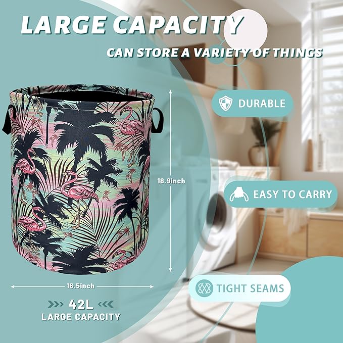 Pink Flamingo Laundry Basket With Handles Oxford Cloth Tote Bag Tropical Palm Trees Laundry Hamper 18.9" x 16.5" Foldable Clothes Storage Bucket Toy Organizer For Bathroom/Laundry/Bedroom