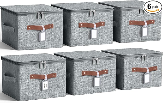 6 Pack Fabric Closet Storage Bins with Zipper Lids and Label, 10×8×7In Large Size Foldable Cotton Linen Storage Cubes Boxes with PU Leather Handles Holders for Bedroom, Shelf, Nursery, Gray