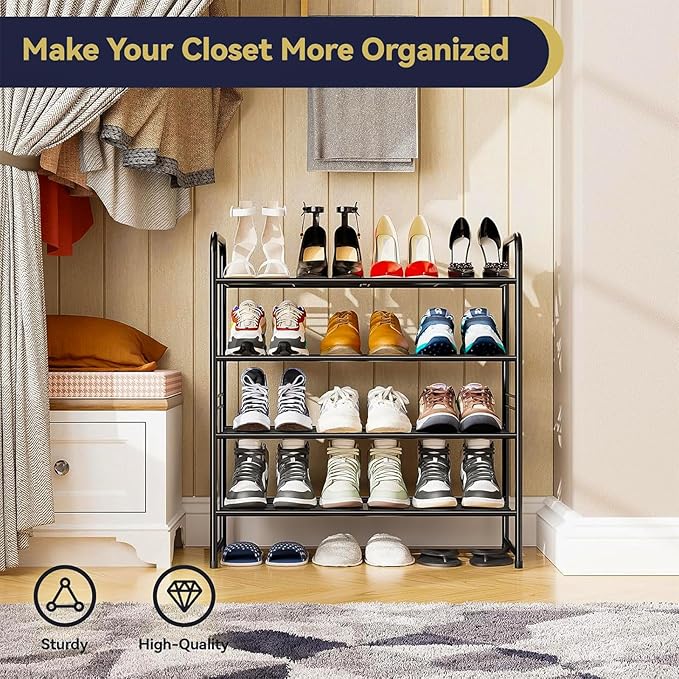 Shoe Rack Metal, Closet Shoe Organizer 4 Tier, Stackable & Adjustable, Black