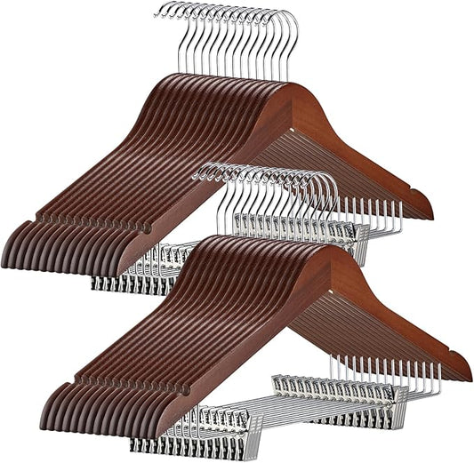 Sieral 30 Pack Wooden Pants Hangers with Clips Solid Wood Skirt Suit Coat Hangers with 2 Adjustable Clips 360 Degree Swivel Hook for Trousers Jeans Slacks Shorts Bottom, 14 Inch(Brown,Classic)