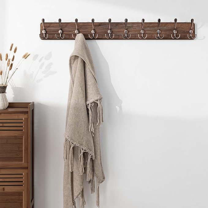 SKOLOO Coat Rack Wall Mounted - 38.6" Long, Wooden, Heavy Duty, Rustic Coat Hooks for Wall, Coat Rack with 10 Triple Hooks for Hanging Clothes, Jacket, Hat(Brown & Retro Red)