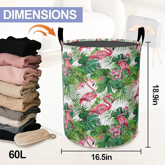 Tropical Flamingo Flower Laundry Hamper Large Canvas Fabric Lightweight Storage Basket/Dirty Clothes Collapsible Waterproof for College Dorms, Boys and Girls Bedroom,Bathroom