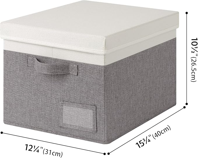 GRANNY SAYS Storage Bins with Lids, Linen Closet Storage Boxes, Collapsibe Storage Bins for Clothes, Storage Containers with Label Holder, 3-Pack, Gray&Ivory