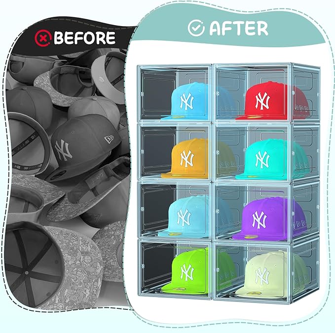 6 Pack Hat Organizer Box, Stackable Clear Baseball Caps Holder Box Containers with Magnetic Door for Hats Snapback Cap Storag, Hat Rack Display Case, Holds 8 Hats Each (Blue)