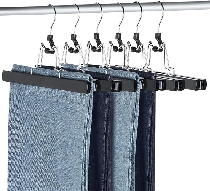AMKUFO 12 Pack Black Wooden Pants Hangers with Clips Non Slip Skirt Hangers Trouser Clamp Hanger Solid Wood Hanger with 360° Swivel Hook