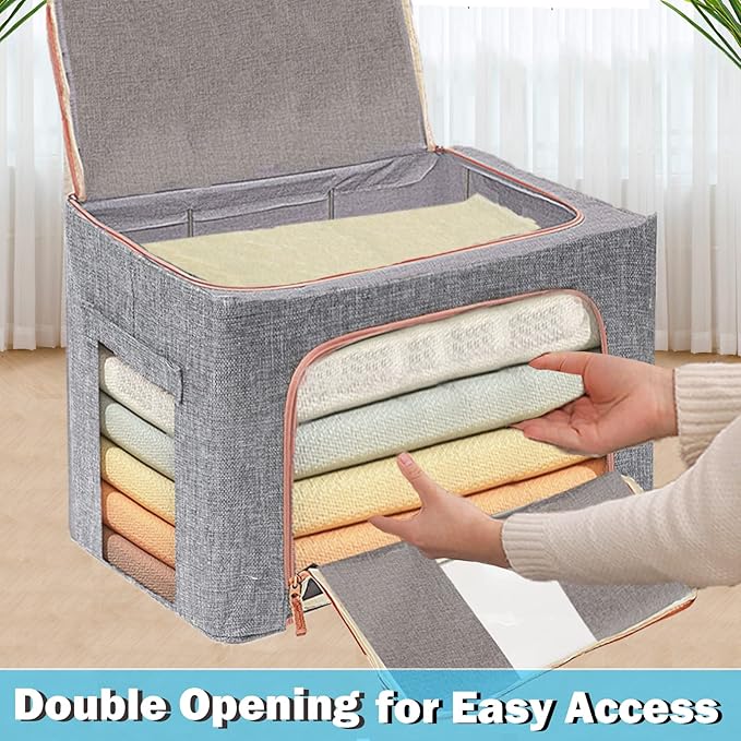 100L Large Storage Bags,Linen Stackable Clothes Storage Bins with Hold Shape Metal Frame,2 Opening Ways Fabric Visible Lidded Foldable Closet Organizers for Seasonal Clothing,Bedding (3, 100L)