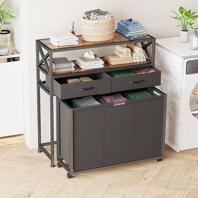 Laundry Hamper 3 Section, 150L Rolling Laundry Sorter Basket with 2 Shelves and 2 Drawers, 3 Compartment Clothes Organizer Cart with Wheels, Pull-Out Bags for Laundry Room, Bathroom, Bedroom