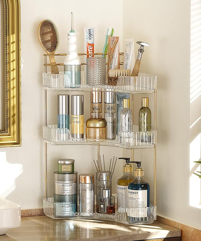 3-Tier Corner Bathroom Counter Organizer Makeup Cosmetic Storage, Tool-Free Installation Acrylic Vanity Shelf, Countertop Storage Organizers Perfume Tray for Bathroom, Dresser, Kitchen (Clear)