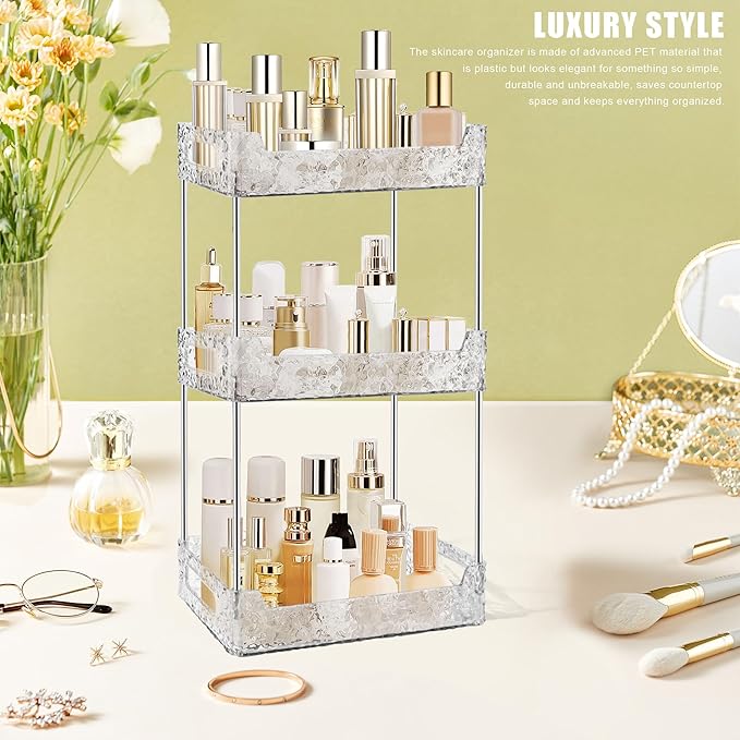 3-Tier Bathroom Counter Organizer Countertop Storage, Dresser Organizer Vanity Tray for Makeup, Perfume Organizer Cosmetics Skincare Shelf - Clear