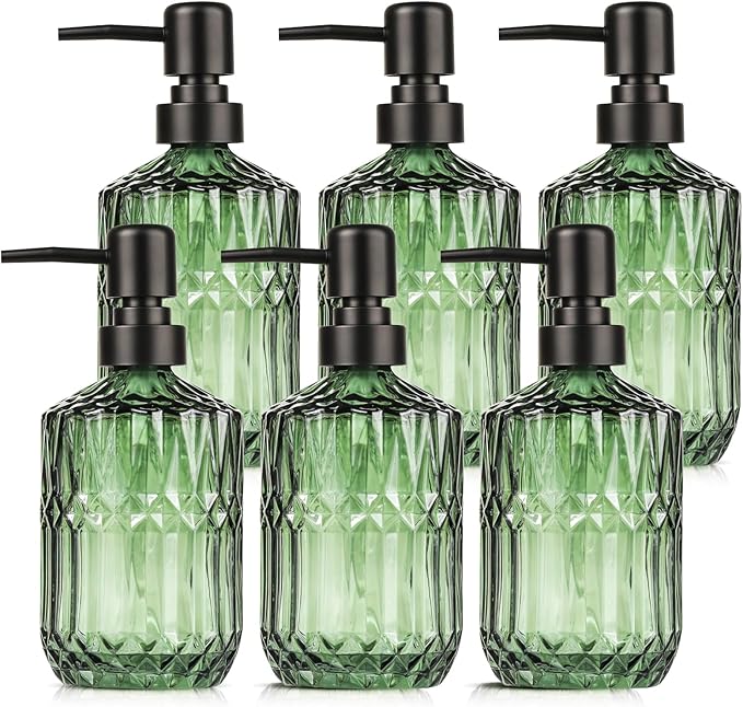 6 Pack Glass Soap Dispenser with Pump 15.2 oz Refillable Liquid Hand Soap Dish Soap Dispensers Vintage Soap Dispenser Liquid Bottle for Kitchen Sink Bathroom Counter(Green,Black Pump Head)