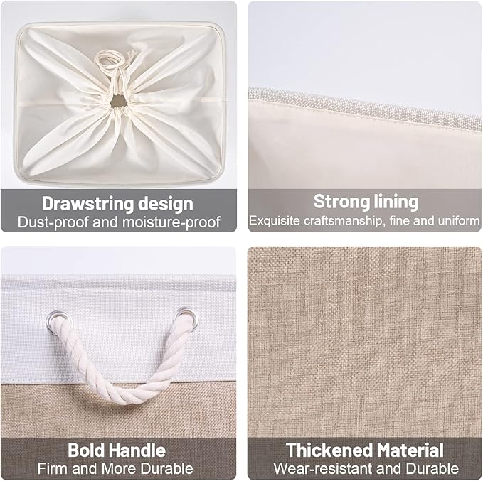 HOdo Home Storage Bins, Fabric Bin with Drawstring Closure and 2 Bold Handles, Collapsible Large Canvas Baskets for Organizing Shelf Nursery Home Closet (15.8×11.8×9.5 In/4-Pack, White and Yellow)