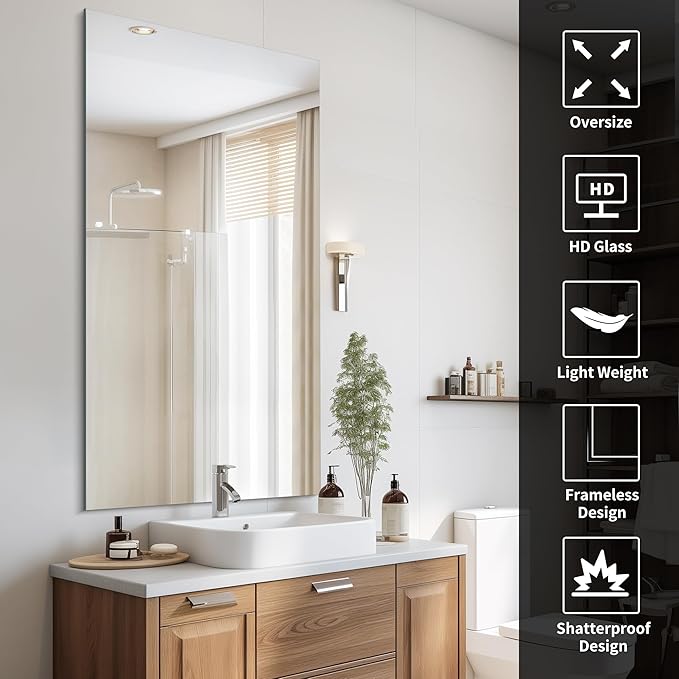 CILIBER Frameless Mirror, 30x60 Inch Large Bathroom Mirrors for Wall, Upgraded Shatterproof Rectangle Vanity Mirror Over Sink with Polished Edge for Bathroom,Bedroom,Living Room and Entryway
