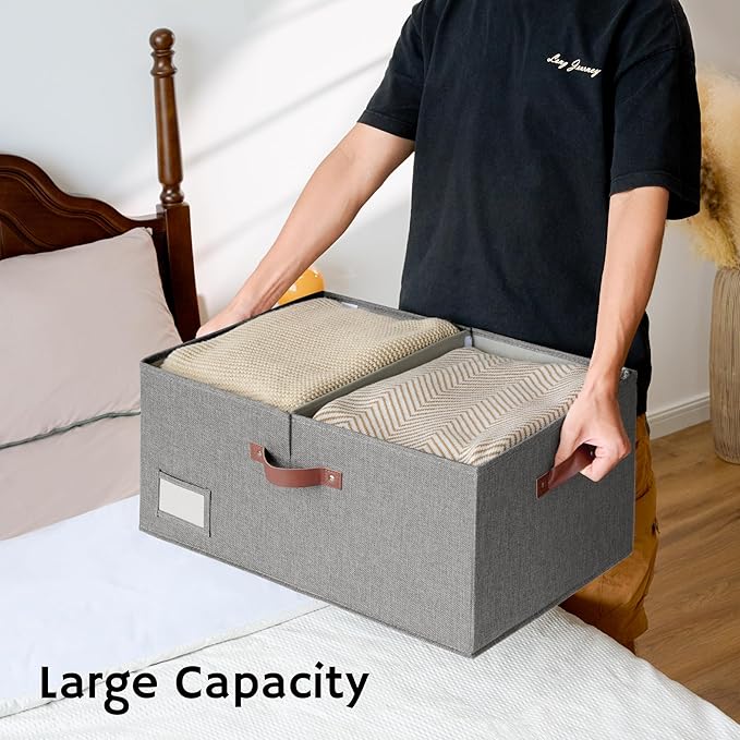 GRANNY SAYS Large Storage Bins with Lids, Decorative Storage Boxes, Collapsible Fabric Storage Bins with Double-Open Lid and Divider, 63L Linen Sorage for Closet, Dark Gray