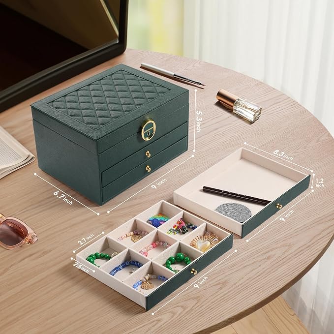 3 Layer Jewelry Box, Jewelry Holder Organizer with 2 Drawer Tray, Large boxes for Women Velvet Earring Organizer, Lockable & Organizers, Birthday Gifts for Women Mom, Green
