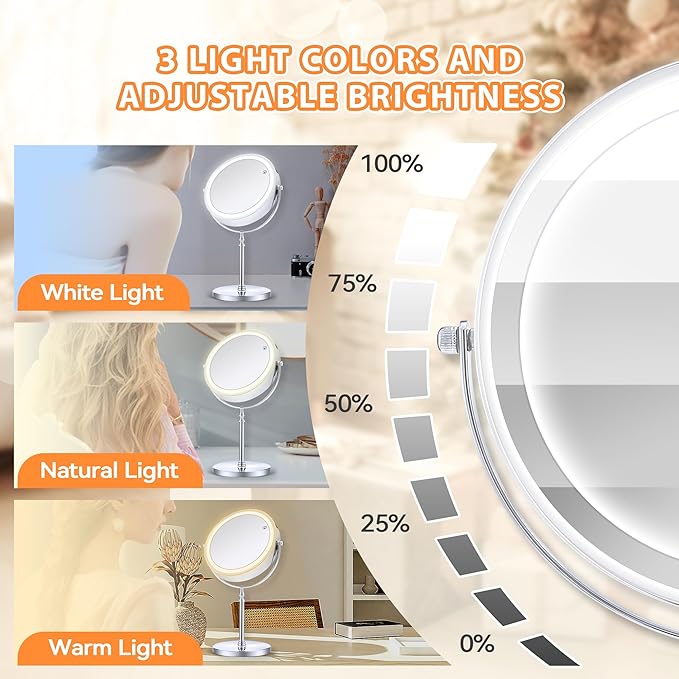 MIYADIVA Lighted Makeup Mirror, 20X Magnifying Mirror with Light, Double Sided Makeup Mirror with 20X/1X Magnification, 360°Rotation, 3 Colors Brightness Adjustable Vanity Mirror with 42 LEDs, 2000mAh