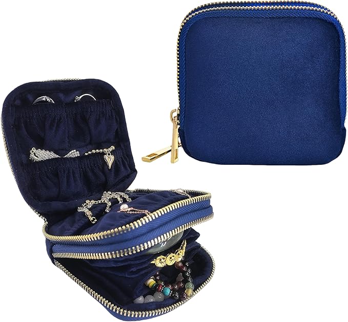 Travel Jewelry Organizer Case, Lisse Velvet 2-Layer Pouch, 11-Pocket for Necklaces, Bracelets, Earrings & Rings, Anti-Tangle Scratch-Resistant Small Jewelry Bag, Elegant Gift (Navy Blue)