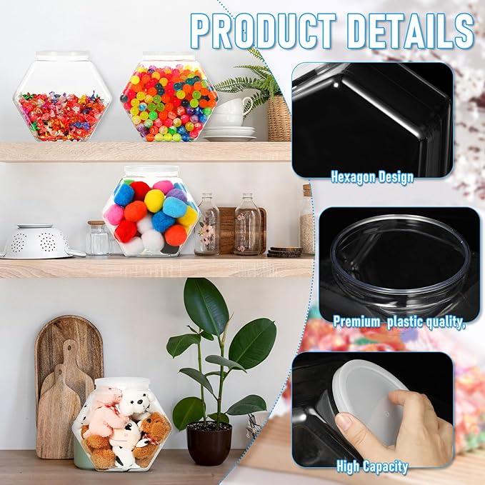 Uiifan 1 Piece Plastic Candy Jar with Lid Cookie Jar Clear Hexagonal Fish Bowls Containers for Snacks, Dog Food, Desk Pet, Craft and Sewing Supplies, Coffee Pod, Laundry Pod Storage Display(210 oz)
