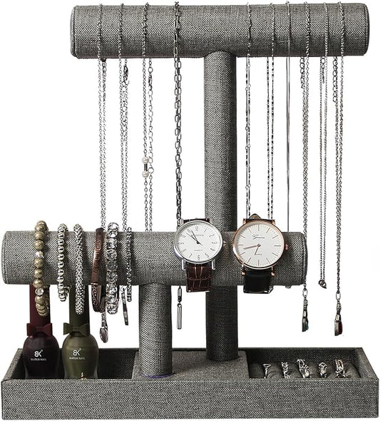 Coward 2 Tier Necklace Bracelet Holder Organizer with Ring Tray, Linen Jewelry Display Stand for Watch Scrunchie Lipstick, Perfumes,Nail polish (Gray Linen)