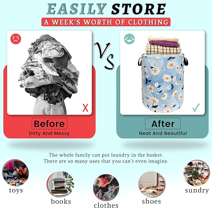 Cute Daisy Floral Laundry Hamper Foldable With Handles Flowers Tote Bag Oxford Cloth Colorful Laundry Basket Clothes Toy Storage Bucket 18.9" x 16.5" For Bathroom/Laundry/Bedroom
