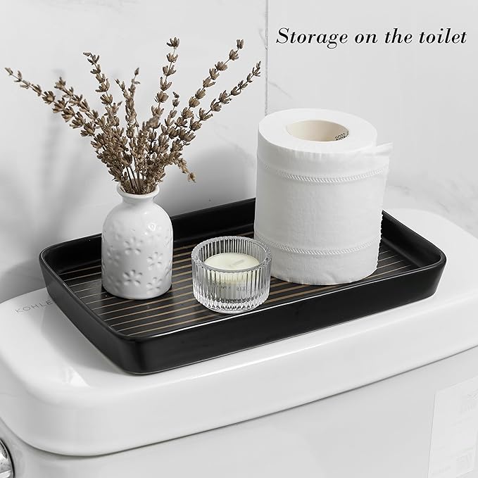 10"×6"×1" Black Bathroom Vanity Tray for Countertop- Ceramic Decorative Organizer Tray for Dresser Tops, Toilet, Perfume, Sponge Holder Soap Dish Dispenser for Kitchen Counter- Golden Stripes