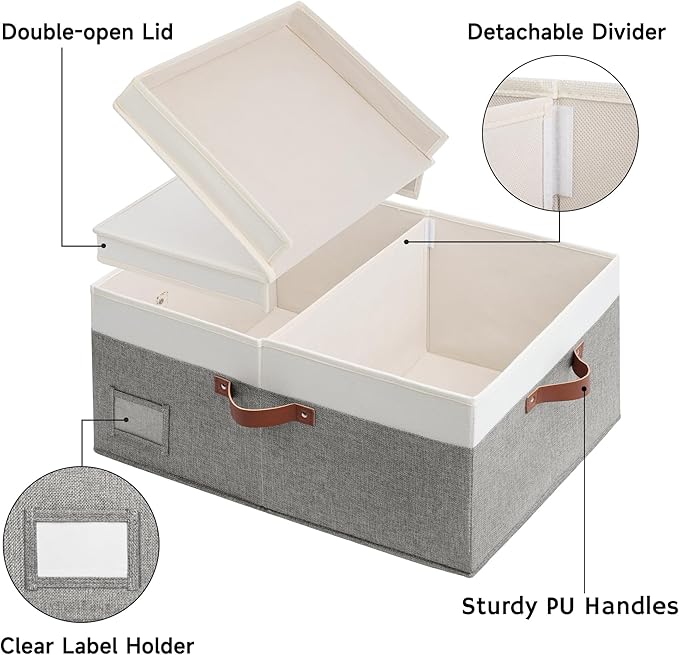 GRANNY SAYS Decorative Storage Boxes with Lids, Collapsible Large Closet Storage Bins with Label, Fabric Storage Bins for Clothes, 63L, White&Gray