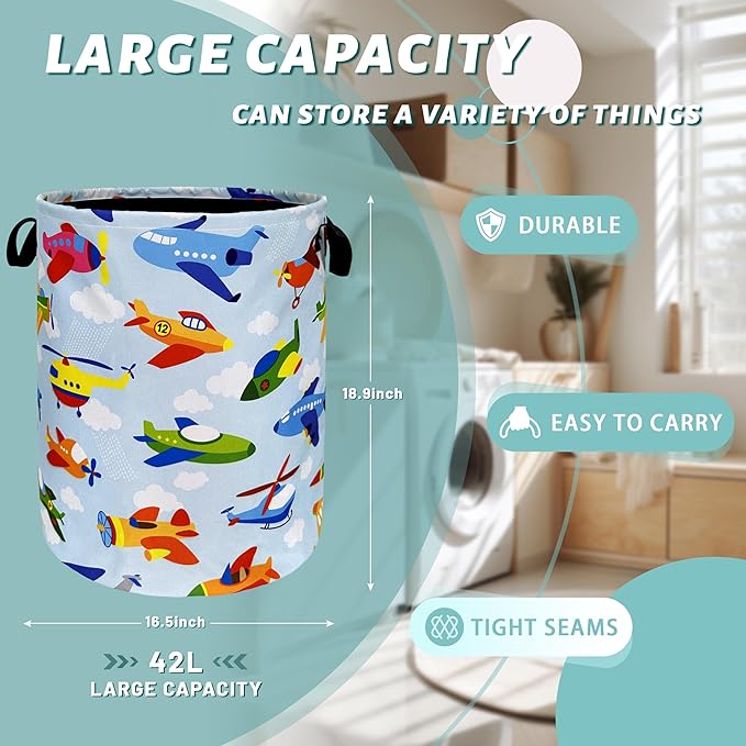 Cartoon Plane Laundry Hamper Foldable With Handles Colorful Tote Bag Universal Oxford Cloth Funny Laundry Basket Clothes Toy Storage Bucket 18.9" x 16.5" For Bathroom/Laundry/Bedroom