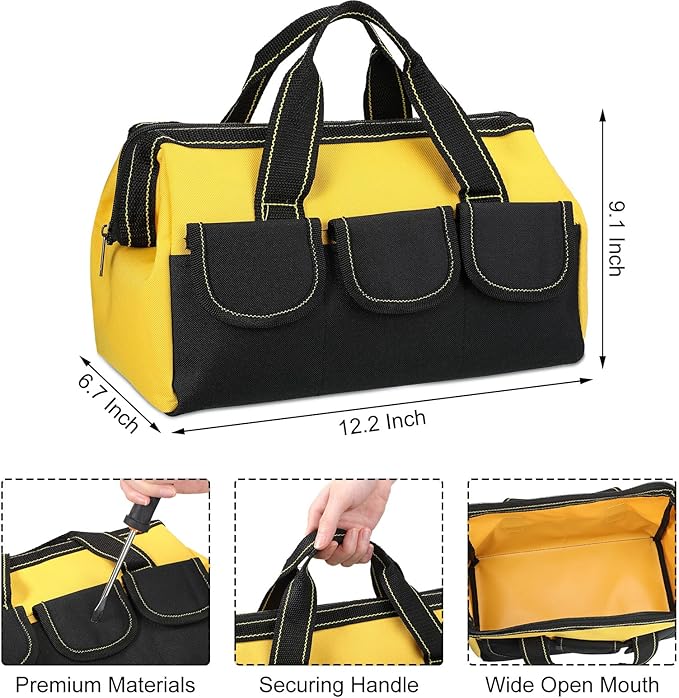 Silkfly 6 Pcs Tool Bag for Men Women Heavy Duty Tool Tote with Waterproof Hard Bottom Multi Pockets Large Mouth Organizer for Various Worker Electrician Carpenter Mechanic(13 Inch,Blue Red Yellow)