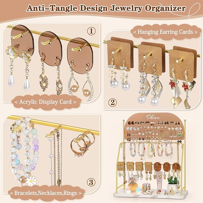 Keebofly Acrylic Earring Organizer Stand with 14 Hooks, Cute Girly Earring Holder for Girls/Teens/Kids – Jewelry Display for Vendors, Vanity Desk Stores Studs/Hoops/Dangles/Necklaces/Bracelets Glod