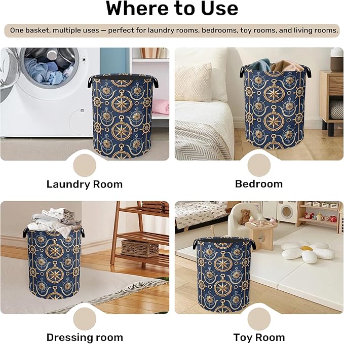 Navy Blue Sailor Anchor Laundry Basket with Handles - Extra Large Foldable Hamper for Bathroom/Laundry/Bedroom/Dorm, Washable Fabric Storage Bin
