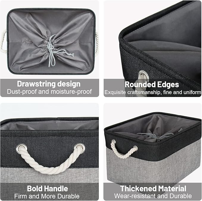 HOdo Home Fabric Storage Bin with Drawstring Closure and 2 Bold Handles, Collapsible Large Canvas Storage Baskets for Organizing Shelf Nursery Home (Black and Grey, 15.8L×11.8W×9.5H - 3Pack)