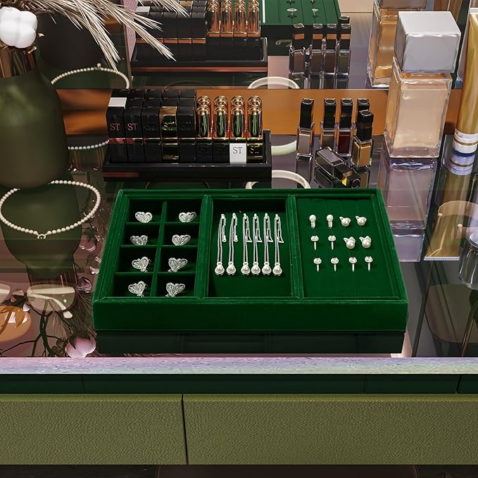 4 In 1 Velvet Jewelry Trays Jewelry Drawer Organizer Tray Stackable Jewelry Trays Necklace Bracelet Ring Earring Organizer Tray(Green)