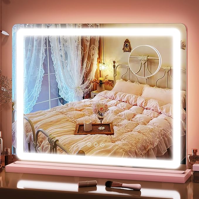 FENNIO 23" x 18" Vanity Mirror with Lights，LED Makeup Mirror，Hollywood Mirror with 3 Color Modes & Adjustable Brightness，Vanity Mirror Pink