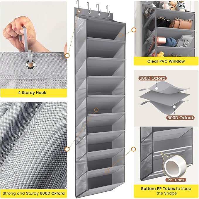 10 Tier Clear Over the Door Shoe Organizer with Deep Pockets, Door Shoes Rack with Hard Tube to Keep the Shape, Hanging Shoe Rack for Closet Organizers & Storage, Behind Door Shoe Holder Grey