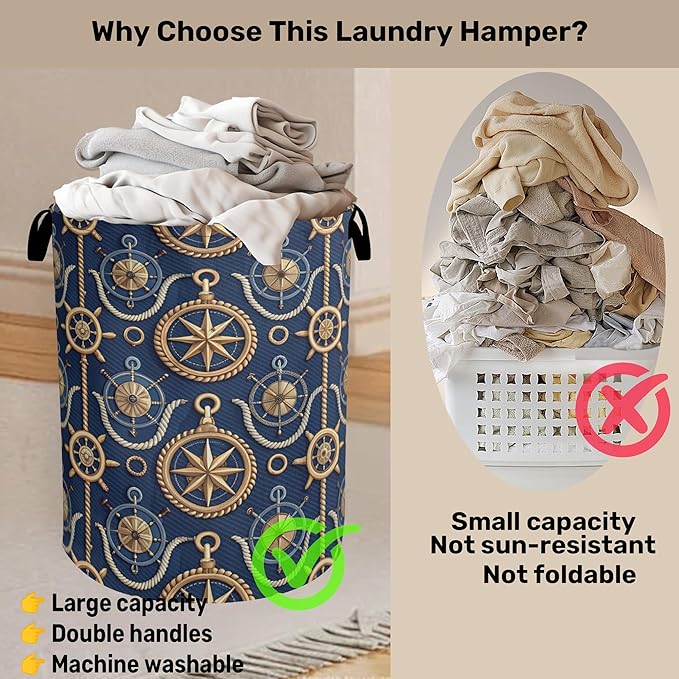 Navy Blue Sailor Anchor Laundry Basket with Handles - Extra Large Foldable Hamper for Bathroom/Laundry/Bedroom/Dorm, Washable Fabric Storage Bin